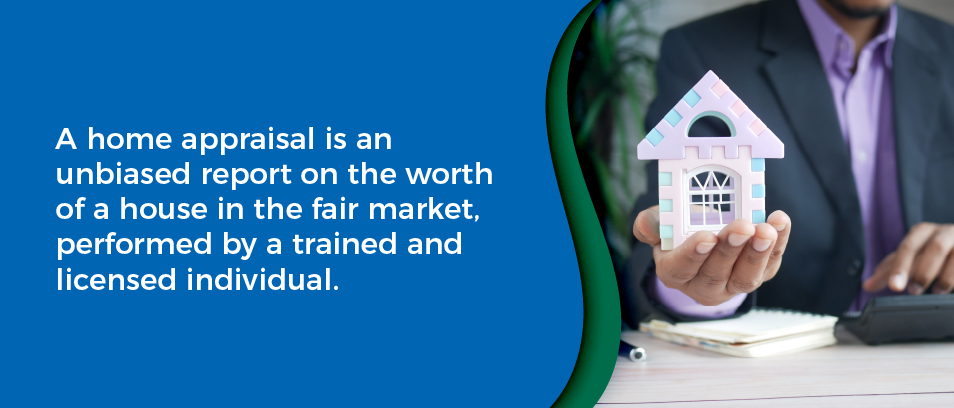 A home appraisal is an unbiased report on the worth of a house in the fair market performed by a trained and licensed individual - Close up of a hand holding a toy house